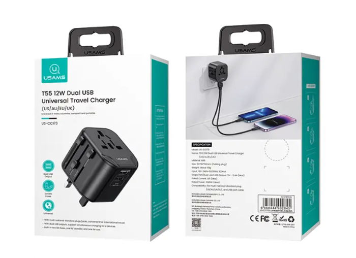 USAMS US-CC173 T55 12W Dual USB Universal Travel Charger (US/AU/EU/UK)